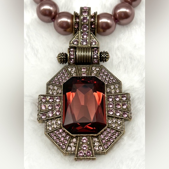 💎 Heidi Daus Dazzling Art Deco Mauve Pearl Pendant Crystal Necklace 17-21” EUC 💎 - Picture 6 of 16